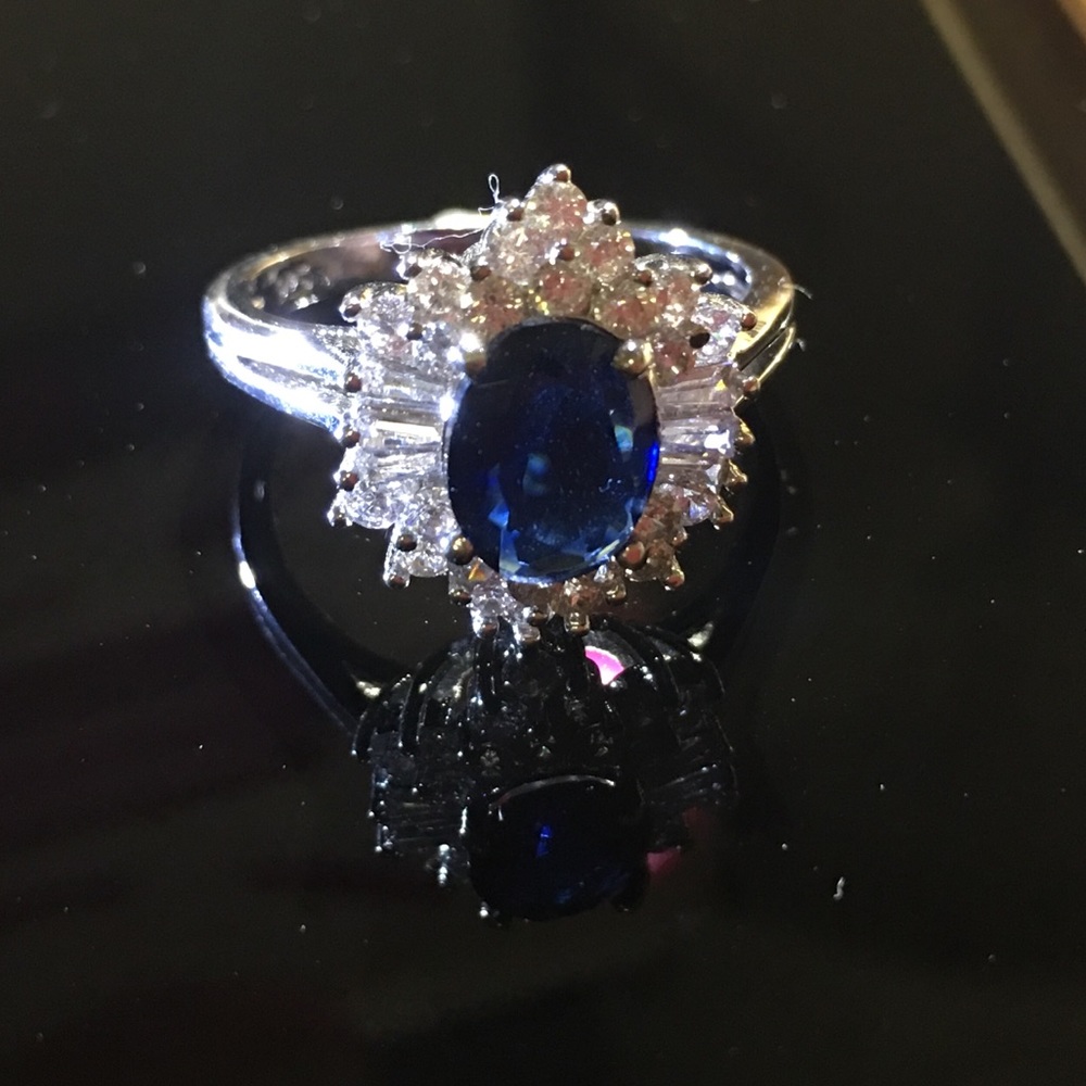 Blue Sapphire White Dia Silver Princess Diana Halo Ring Sz 6